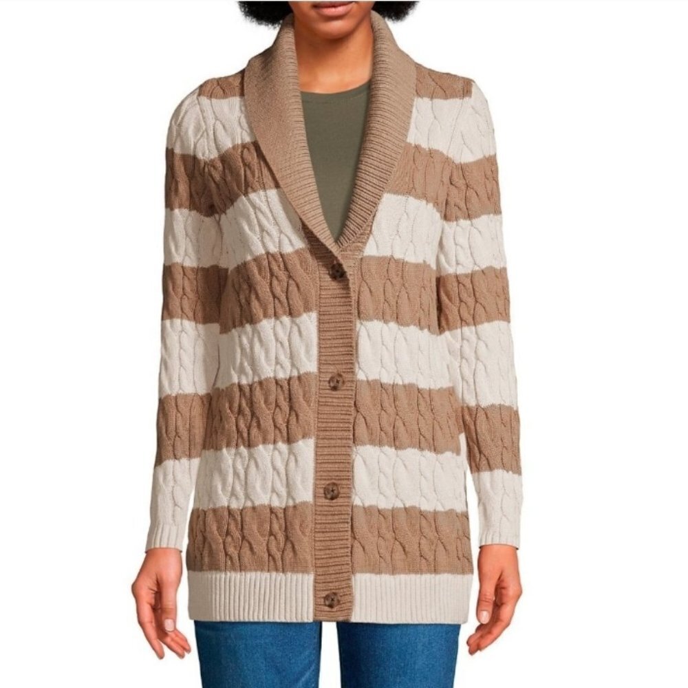 Lands' End Size 1X Cotton Cable Knit Button Down Cardigan Sweater